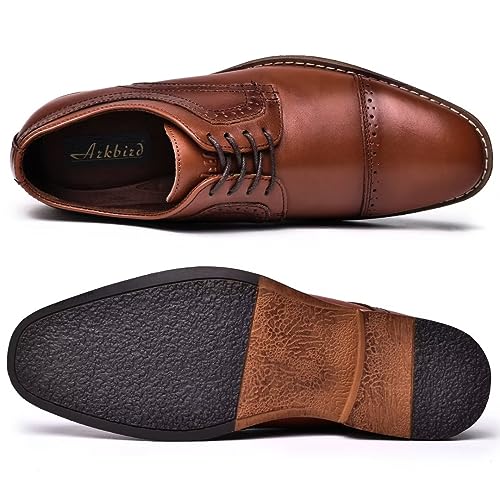 Image of Arkbird Men's Dress Shoes Modern Oxford Round Cap Toe Lace up Casual Formal Business Leather Derby Shoes, Brownish 9.5