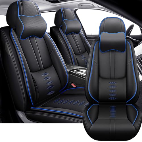 2 Front Car Seat Covers for Chevy Chevrolet Malibu 2007-2024 2025 Waterproof Seat Covers with Lumbar Support Nappa Leather Car Seat Cover for Chevy Chevrolet Malibu?Black&Blue-Deluxe?