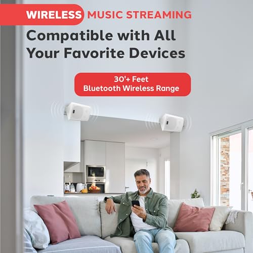 Pyle Wall Mount Bluetooth Home Speaker System - Active + Passive Pair, Wireless, Water-resistant, Stereo Sound, AUX IN (White)