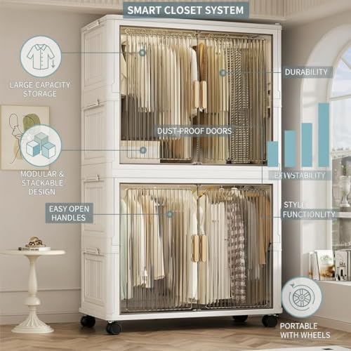 Image of Mevigo 2-Door Plastic Wardrobe for Kids| Almirah and Wardrobe for Baby Clothes| Modular Storage Cabinet with Wheel Organizer for Cupboard Rack for Clothes /Shoes /Books /Toy -White-Y720