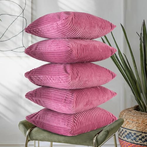 Image of RD TREND Cushion Cover Set of 5, Decorative Sofa Living Room Home Square Cushion Covers 16 Inch x 16 Inch, Aesthetic Corduroy Striped Double Sided (Light Pink, Pack of 5)