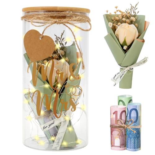Hochzeitsgeschenke für Brautpaar, Mr&Mrs Flaschenlicht Hochzeit LED, Geldgeschenk Hochzeit Verpackung mit Trockenblumen, Lichterkette, Hochzeitsgeschenk Geld Spardose Sparschwein Hochzeits