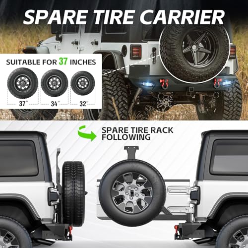 Image of YZONA for Wrangler JK JKU Rear Bumper Compatible with 2007-2018 Jeep Wrangler JK JKU with Spare Tire Carrier, LED Lights, 2 inch Hitch Receiver, License Plate Frame, Third Brake Light Bracket, D-Rings