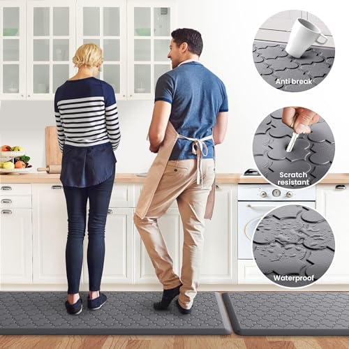 Image of Kitchen Mat [2 PCS] Cushioned Anti-Fatigue Floor Mat Water Resistant Non-Skid Kitchen Mats and Rugs Ergonomic Comfort Foam Kitchen Rugs Standing Mat for Floor Office Sink(Grey,17.3 inchx28 inch+17.3 inchx60 inch)