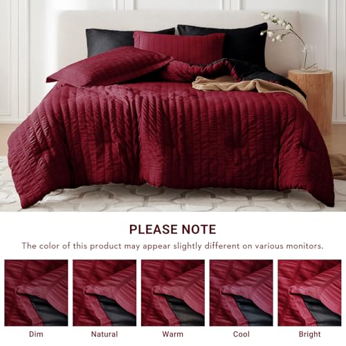 MUXHOMO 7 Pieces Queen Comforter Set, Seersucker Bed in a Bag Queen Size, All Season Luxury Bedding Set with Comforter, Flat Sheet, Fitted Sheet, Pillowcases & Shams, Red & Black