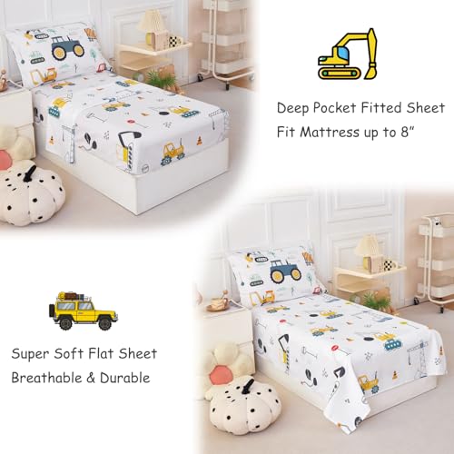 Image of PERFEMET Car Printed Toddler Comforter Set, 4 Pieces Toddler Bedding Sets for Boys, Reversible Tractors Pattern Teen Boy Bed in A Bag Comforter Set with Sheets (Tractor, Toddler)