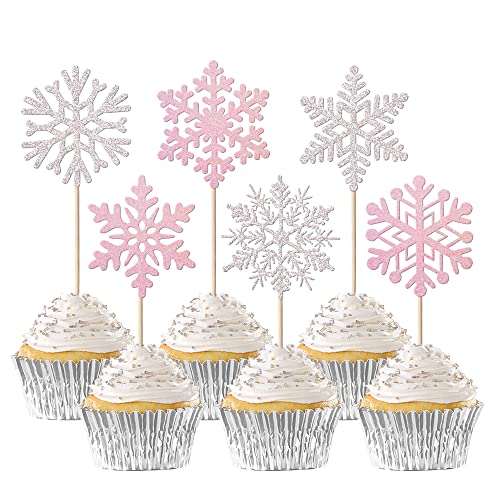 24 pezzi fiocco di neve cupcake topper inverno congelato tema decorazione torta inverno Wonderland torta decorazioni per ragazze compleanno congelato tema festa natale decorazione rosa argento