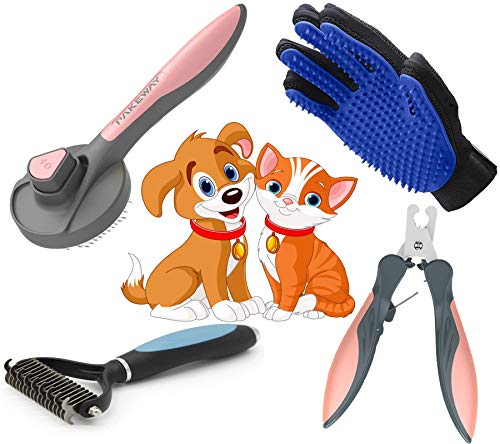 Premium Pet Grooming Dog Cat Set - Self Cleaning Bristle Slicker Brush | Undercoat Rake Detangling Demating Deshedding Comb | Nail Trimmer Clipper | Bristles Shedding Brushing Glove | After Shampoo