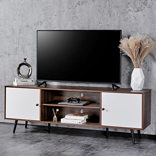 AMERLIFE TV Stand 70 Inch Mid-Century Wood Modern Entertainment Center Adjustable Storage Cabinet Media Console for Living Room Suitable for TV up to 80´´, White & Walnut