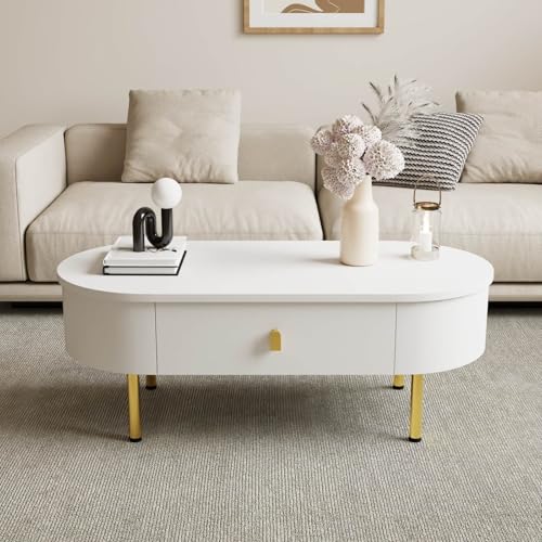 PUGSDRLY Table Basse 108 × 50 × 40cm avec Poignées Dorées et Pieds Métalliques Dorés, Table Basse Moderne avec 2 Tiroirs, Table d'Appoint pour Salon Angles arrondis fluides