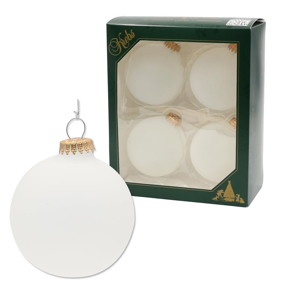 Dekohelden24 Lauschaer Christmas Tree Decorations - Ice Tree Baubles Snow Christmas Tree Baubles Set of 4 Baubles Lauscha Uni Matt Iced 8 cm with Golden Crown + 50 Quick Hangers in Gold