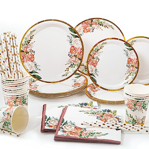 Yidaxing 125pcs Vaisselles Jetables Or Rose Fleurs, Assiettes Hawaïennes Gobelets Pailles...