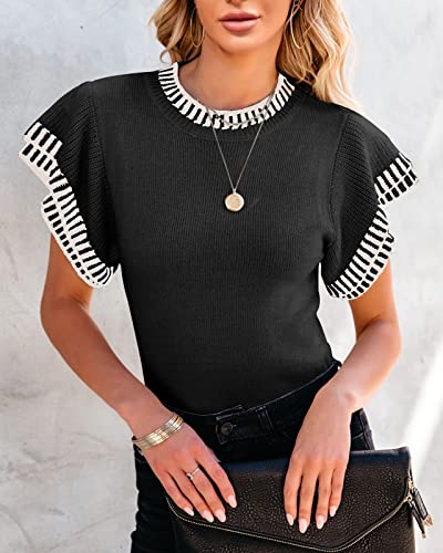 Image of Saodimallsu Womens Short Sleeve Sweater Summer Striped Top Soft Knit Shirts | Ruffle Sleeve,Loose,Crew Neck,Lightweight,Casual,Work,Spring,Womens Tops,Pullover,Fall