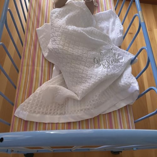 Baptism Blanket Christening Gifts for Boys Girls White Knit Crochet Soft Embroidered Neutral Baby Blanket with Satin Trim3
