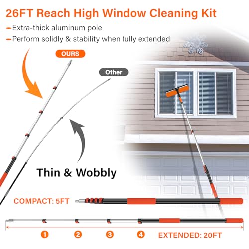 Image of 14 inch Window Squeegee with Extension Pole,26FT Reach High Window Washers for High Outside Windows,Professional Window Cleaning Tool Kit Include Replacement,180Rotatable Squeegee for Indoor /Outdoor