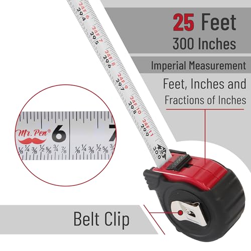 Image of Mr. Pen- Retractable Tape Measure 25 ft, 2 Pack, Red, Steel Retractable Measuring Tape with Fractions