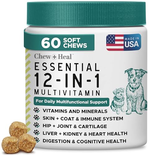 12-in-1 Multivitamin for Dogs - 60 Puppy and Senior Dog Vitamin and Supplement Soft Chews for Hip and Joint - Advanced Formula with Glucosamine, Omega 3,6,9, Vitamins, Probiotics, and More