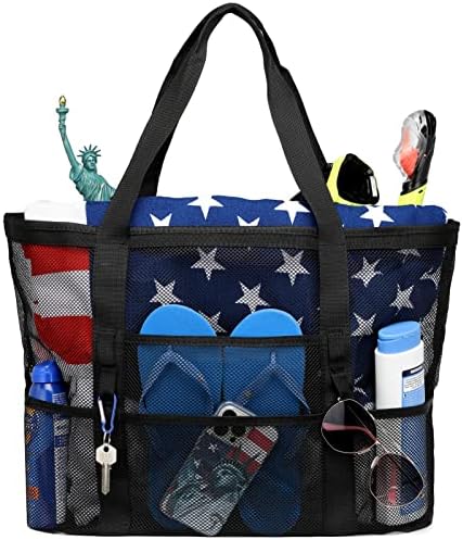F-color Mesh Beach Bag, Oversize Beach Tote 9 Pockets Beach Towel Bag, Black