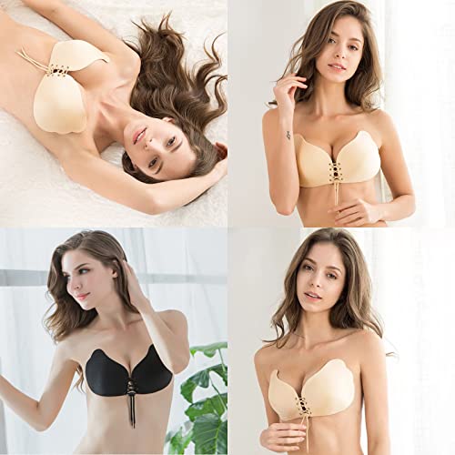 Spiritpet Sticky Boob 2 Pack Backless Strapless Bra Invisible Sticky Bra For Big And Small Breasts Angel Wings, Shaping Charming Curves（Nude+Black）, 335, 32 Plus #TOP2