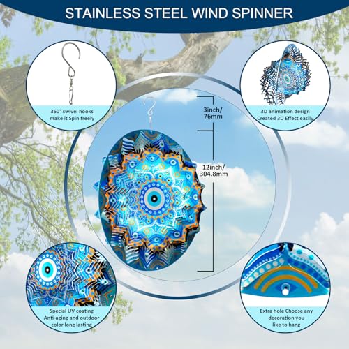 Image of Aoedelyart Wind Spinners Outdoor Mandala Peacock Evil Eye,12In Stainless Steel Wind Spinner Hanging Garden Decor,Garden Gifts for Women,Men,Mother,Father,Wind Sculptures 3D Kinetic Yard Art Ornament