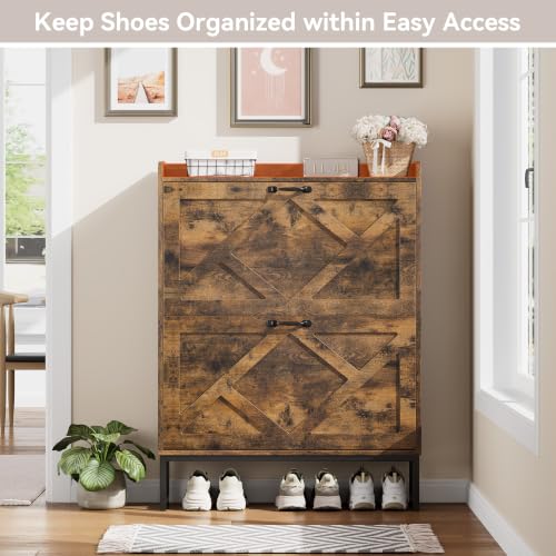 Image of Nicetree Shoe Storage Cabinet with 2 Flip Drawers, Freestanding Wood Shoe Organizer with Metal Legs, Farmhouse Slim Shoe Rack for Entryway, Foyer, Hallway, Rustic Brown