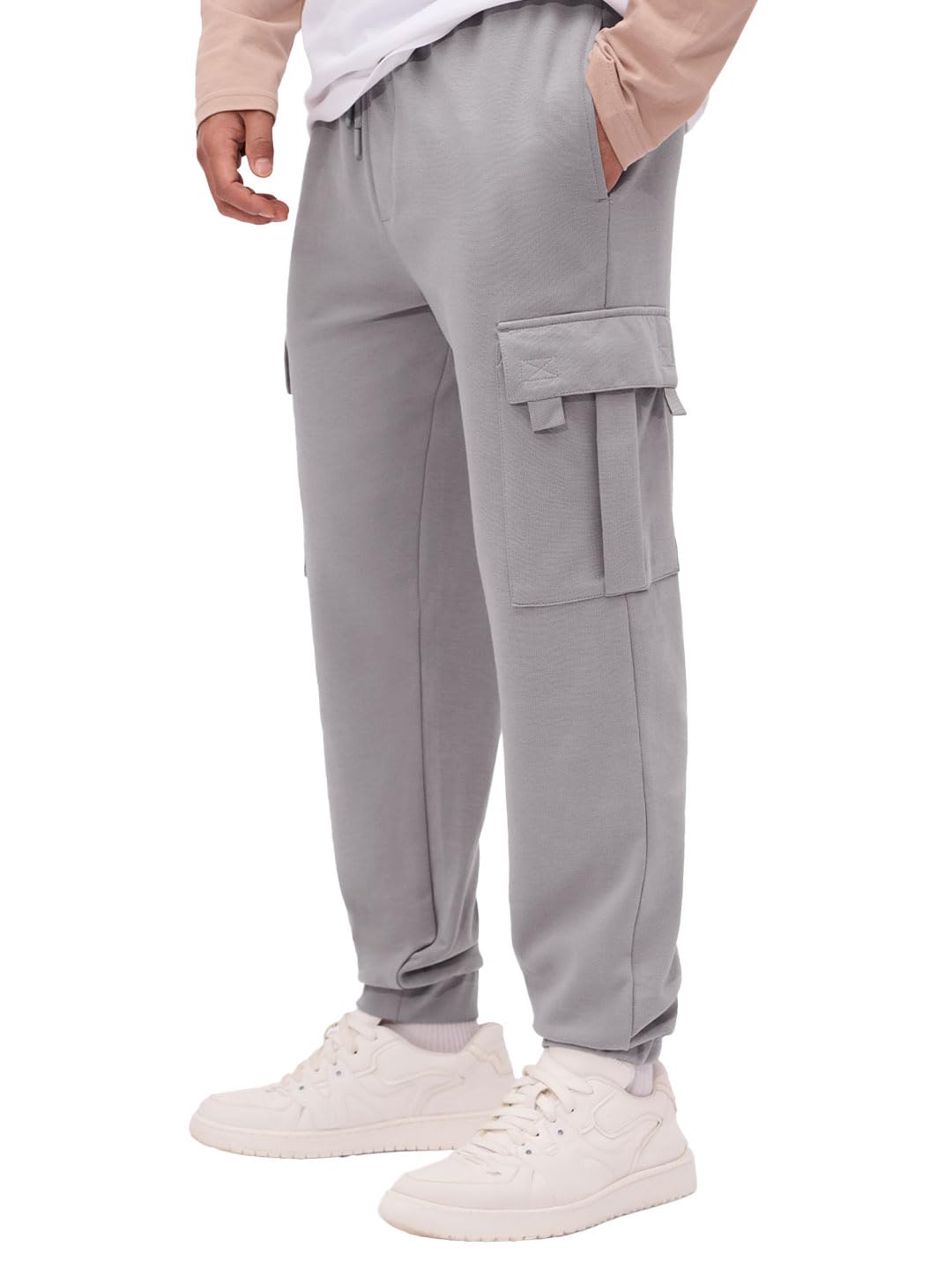 Solids: Light Grey Men and Boys Drawstringed Cotton Blend Slim Fit Cargo Joggers