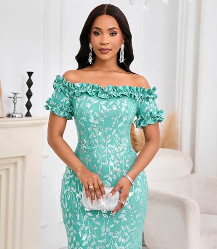Image of dasmzper Women Sexy Sequin Off Shoulder Ruffle Short Sleeve Bodycon Mermaid Party Formal Evening Maxi Dress