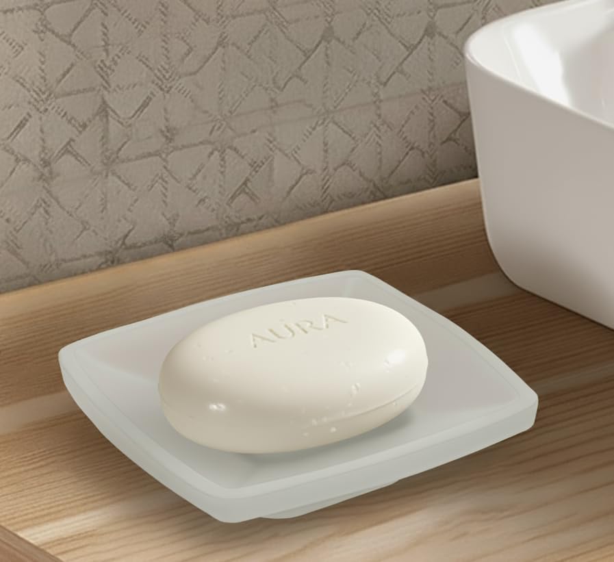 Premium Frosted Glass Soap Dish with Table top soap Tray | Square Bathroom Soap Stand | Anti-Slip, Water Drain Design for Wash Basin, Shower & Kitchen Sink