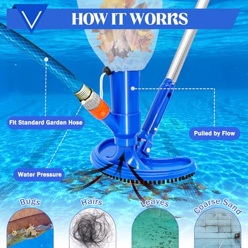 Idota Poolsauger Bodensauger 160cm, Pool Bodensauger Set mit Verbreiterte Gebogene Bürste, 4 Abnehmbare Verlängerte und verstärkte Aluminiumstange, Pool Sauger Boden, Pool Staubsauger Boden