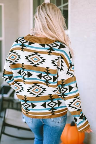 Women's Bold Aztec Striped Knit Ribbed Trim Sweater3