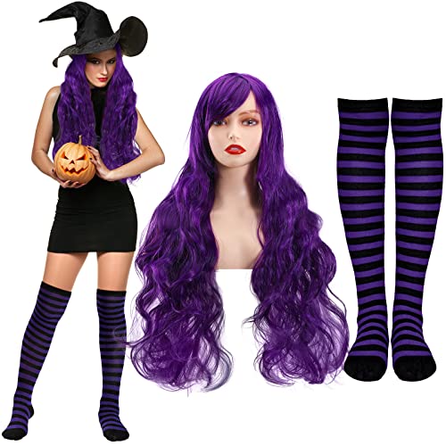 Hotop HOTOP-WIGS-NGJI8 Women Halloween Party Cosplay Costume Witch Accessories Set,32 Inch 80 Cm Purple Wigs Long Curly Wavy Hair Wig Caps cover