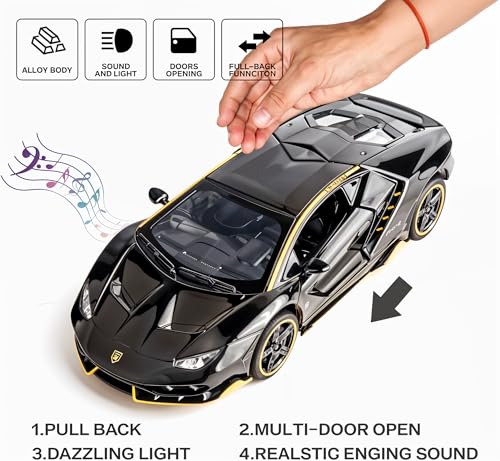 Image of Lamborghini Centenario Die Cast Model Car 1:32 Scale | Pull Back Toy Car with Sound & Light | Openable Doors, Black Gold Collectible Car Toy for Kids Boys Gift