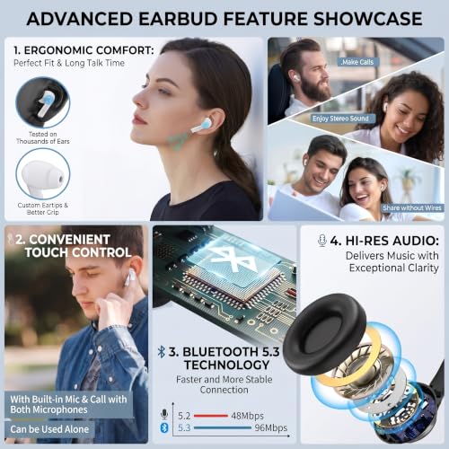 Image of Wireless Bluetooth Earbuds, ENC Noise Reduction, HD Stereo Sound, Gaming Earphones, Type-C Fast Charging, Smart Touch Control (Black)