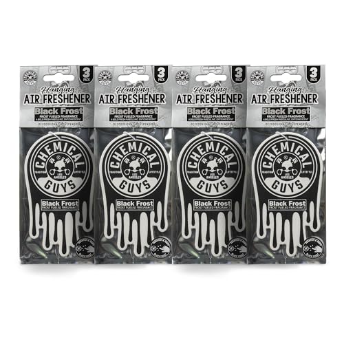 Image of Chemical Guys Car Fresheners, Hanging Air Freshener, Black Frost Scent 12 Pack, Great for Cars, Trucks, SUVs, RVs, Home, Garage, Workspace, Dorm Room & More (4 x 3 Packs)