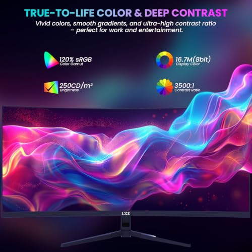 Image of LXZ 34 Inch Curved Monitor 1500R 165Hz, 3440 x 1440 UWQHD Ultrawide Gaming Monitor with FreeSync & G-Sync, PIP & PBP, DisplayPort HDMI - Black