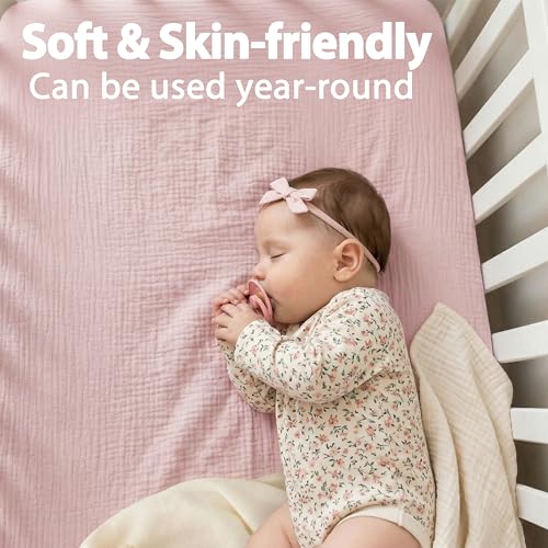 Image of Muslin Mini Crib Sheet (38 inchx24 inch), 100% Cotton Cover, Breathable & Soft Mattress Pad, Boho Pink for Girls(1 Pack)