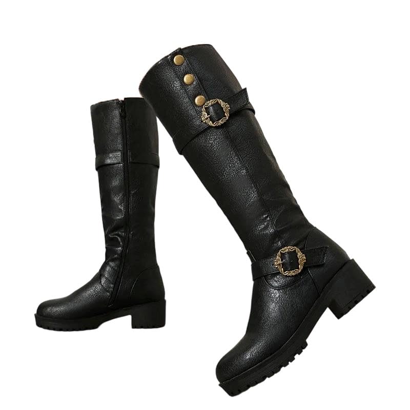 Womens Block Heel Punk Leather Boots Autumn Winter Knee High Platform Boots British Style
