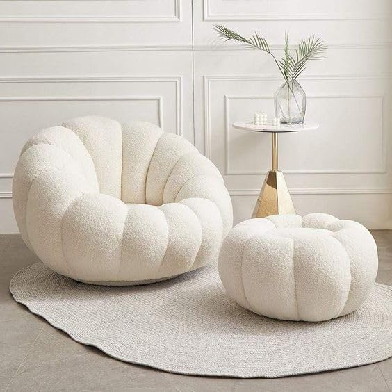 Image of CRAFTCITY Pumpkin Style Wooden Sofa, Contemporary Modern & Cozy Accent Chair for Living Room (Beige, 1 Seater Chair with Ottoman)