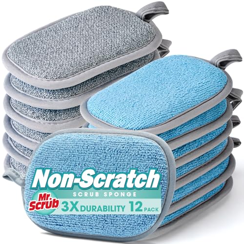Image of Sponges Kitchen Dish Sponge for Washing Dishes Cleaning Kitchen, All-Purpose, 12 Pack, Non Scratch, Rough Scrubbers Side for Non-Stick Cookware, Soft Microfiber Scrub Side for Dishes, Mr. Scrub