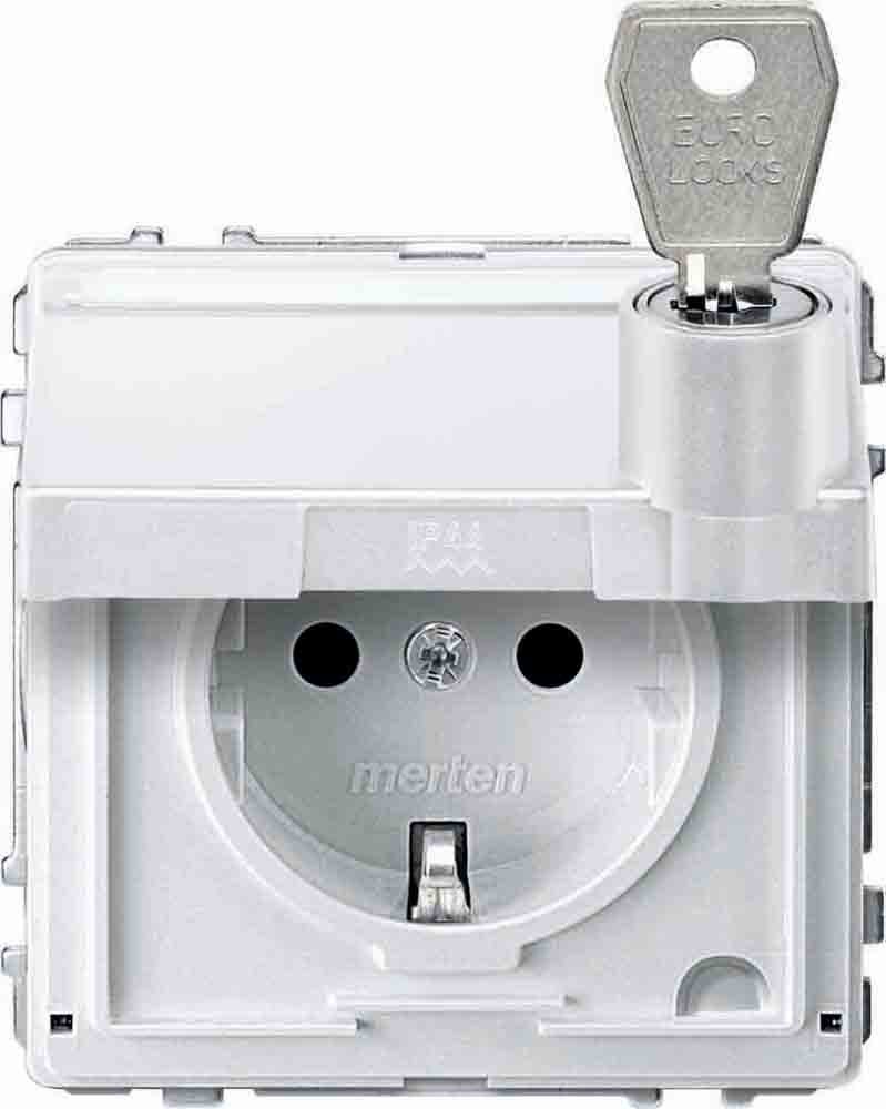 Prise Schuko Merten MEG2316-7219 anti-poussière avec volet rabattable pour éviter les faux contacts