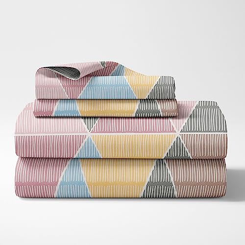 Image of Haus & kinder Double Bedsheet for Queen Size Bed | 90 x 100 Inches 144 TC Cotton Bedsheet for Double Bed with 2 Pillow Covers - Pyramid Repeat Triangle
