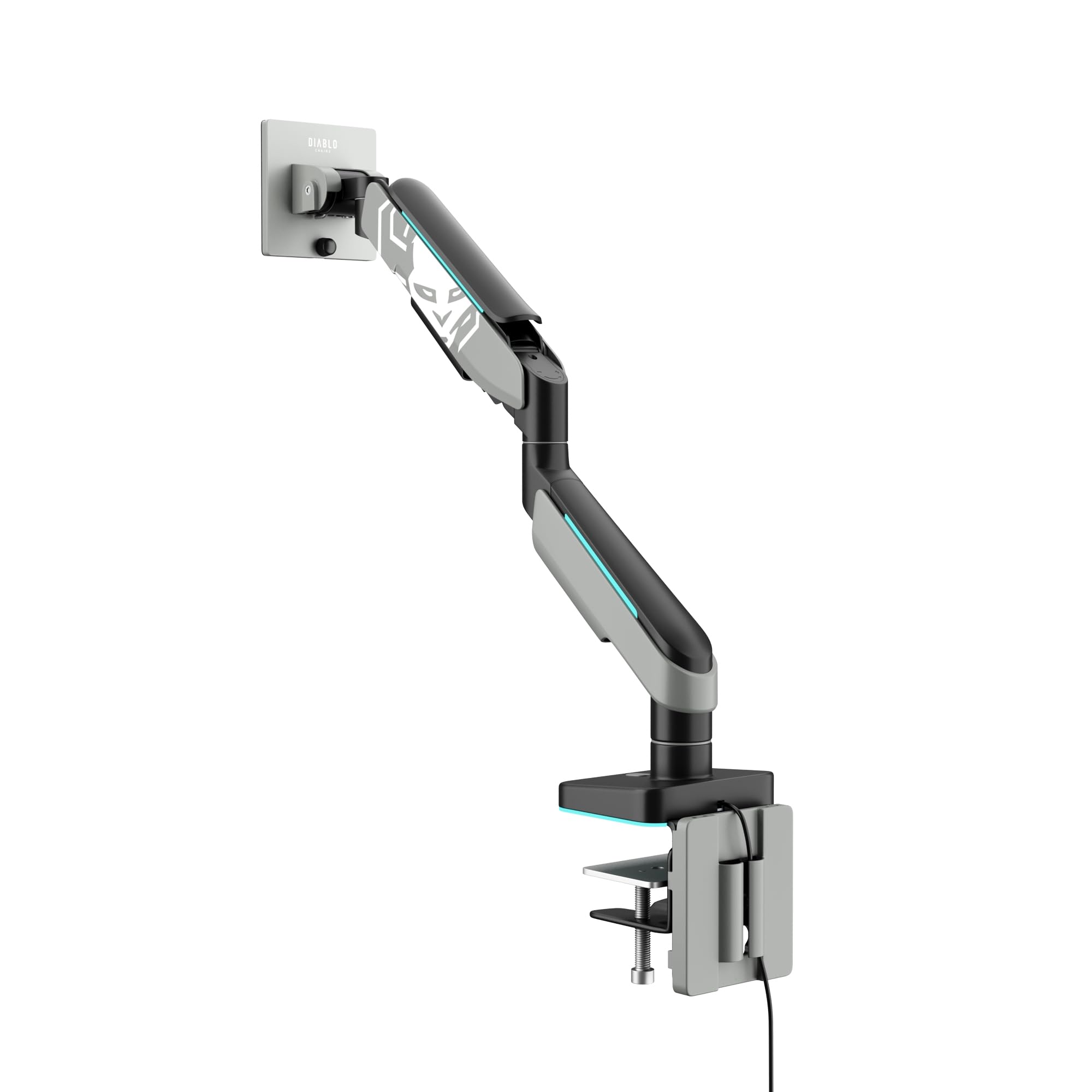 Ramię do monitora PC Diablo X-Arm 17-49 cali, stojak na monitor | Diody LED RGB | VESA 75 i 100 mm | Obrotowe | Zarządzanie kablami | Nośność do 20 kg | Zacisk biurkowy | Szaro-czarny