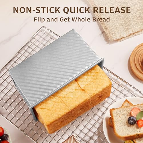 Image of KITESSENSU Pullman Loaf Pan with Lid, 1 lb Dough Capacity Non-Stick Bakeware for Baking Bread, Carbon Steel Corrugated Bread Toast Box Mold with Cover for Baking Bread, Silver