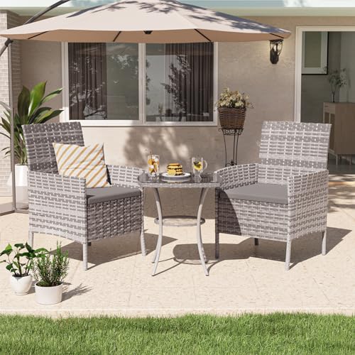 UDPATIO Gartenmöbel Set 3-Teilige Lounge Balkonmöbel Set mit Wetterfeste Gartentisch und 2 Stühlen für Kleiner Balkon, Terrasse und Draußen, Strapazierfähige Polyrattan Terrassenmöbel 2 Personen Grau 4
