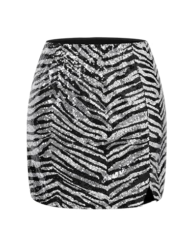 luvamia Sequin Skirts for Women Trendy High Waisted Bodycon Elastic Waist Side Slit Sparkly Night Out Party Mini Skirt