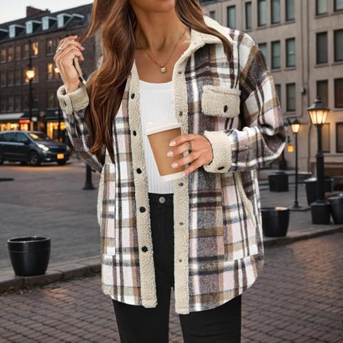 Women Fleece Jackets Casual Flannel Plaid Shacket Button Down Lapel Collared Sherpa Jackets with Pockets Fall Coat3
