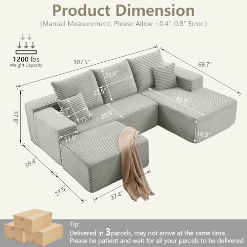 Image of Lakifun 107 inch U-Shape Cloud Couch, Modern Modular Sectional Comfy L-Shape Sofa with Ottoman, Deep Seat, Upholstered Corduroy Sleeper Chaise Longue for Living Room Bedroom, No Assembly Required, Grey