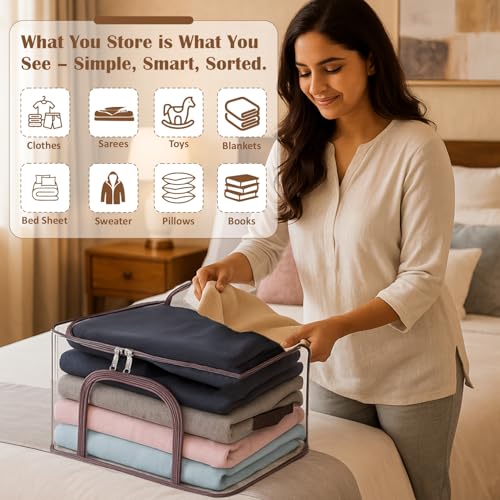 Image of JD FRESH 3 Pcs 34L Transparent Storage Bags with Handles /Foldable Storage box for Clothes /Under Bed Storage Organizer Box with Zippers /Wardrobe Organizer for Storage /Organiser for Blanket /Bedsheet