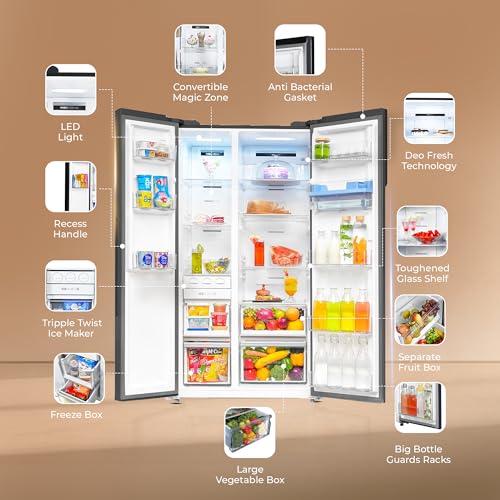 Image of Haier 596L Frost Free 2-Door Water Dispenser 3 Star Side by Side Refrigerator with Convertible, Wi-Fi, Inverter, Digital Display Panel, Deo Fresh Technology (HRS-682WGKU1, Graphite Black)