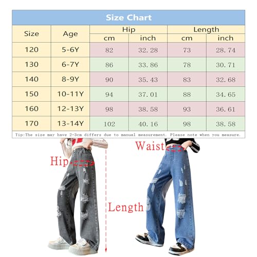 Baggy Ripped Jeans for Girls Elastic High Waist Distressed Pull On Wide Leg Jeans Kids Clothes with Pockets 5-14Y3